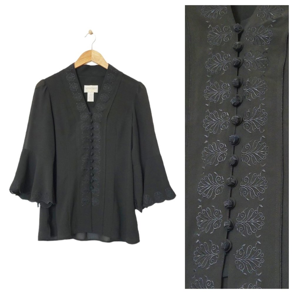 Victor Costa Occasion Blouse Embroidered Bell Cuff Layered Semi-Sheer Button Up